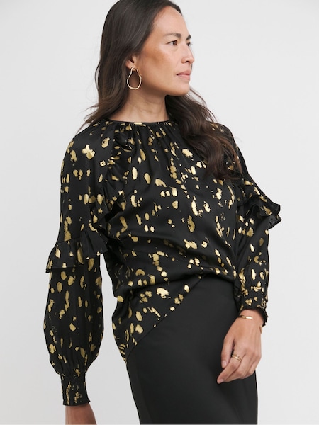 JD Williams Black Gold Foil Print Satin High Neck Ruffle Raglan Sleeve Blouse (AV2322) | €45
