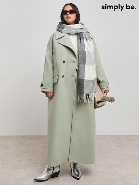 Simply Be Sage Green Double Breasted Faux Wool Maxi Coat (AV2323) | ₪397