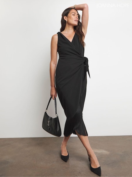 Joanna Hope Wrap Black Dress With Fringing (AV2324) | €126