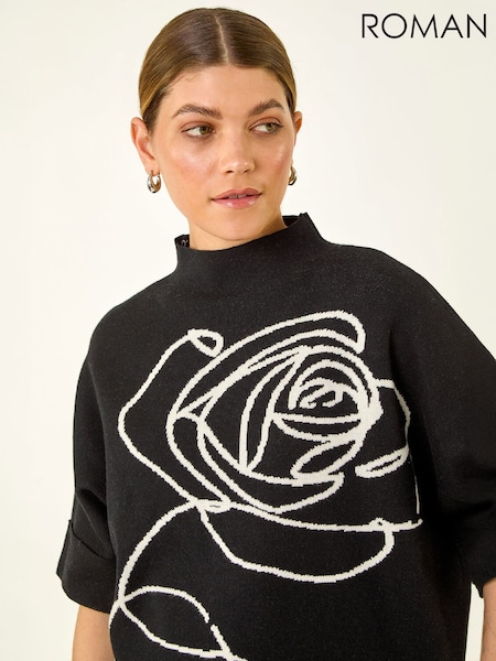 Black - Roman Rose Motif High Neck Knit Jumper