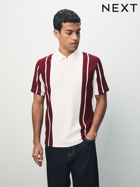 Burg/White Vertical Stripe Quarter Zip Polo Shirt (AV2454) | €42