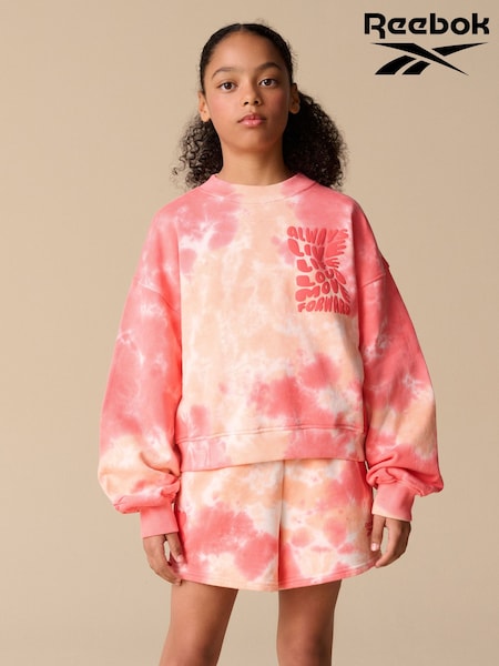 Reebok Girls Coral Pink Tie Dye Graphic Cropped 100% Cotton Sweatshirt and Shorts Set (AV2568) | €35 - €43