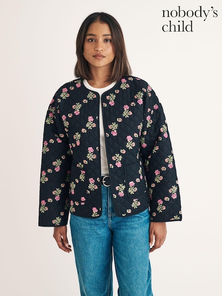 Nobodys Child Black Quilted Jacket In Reversible Floral Print (AV2720) | ₪629