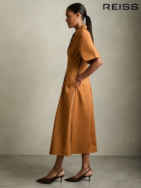 Reiss Rust Aubrey Cotton Pleated-Waist Midi Dress (AV2780) | CA$485