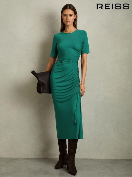 Reiss Green Rose Ruched Jersey Midi Dress (AV2788) | $280