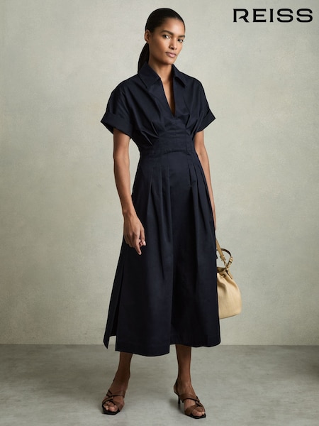 Reiss Navy Aubrey Cotton Pleated-Waist Midi Dress (AV2795) | €245