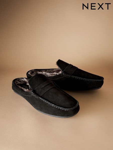 Black Faux Fur Lined Moccasin Mule Slippers (AV2824) | €37
