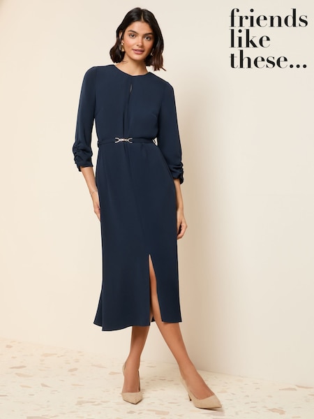 Friends Like These Navy Petite Long Sleeve Gold Belted Tailored Midi Dress (AV3107) | 243 QAR