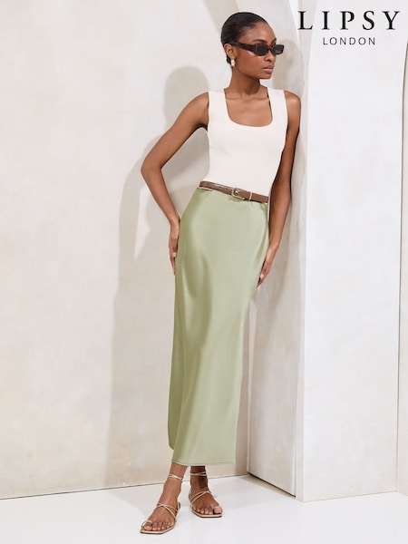 Lipsy Khaki Green Midi Satin Skirt (AV3430) | Rp 1,289,000