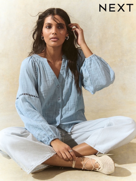 Light Blue Button Down Long Sleeve Doublecloth Blouse (AV3569) | 989 UAH