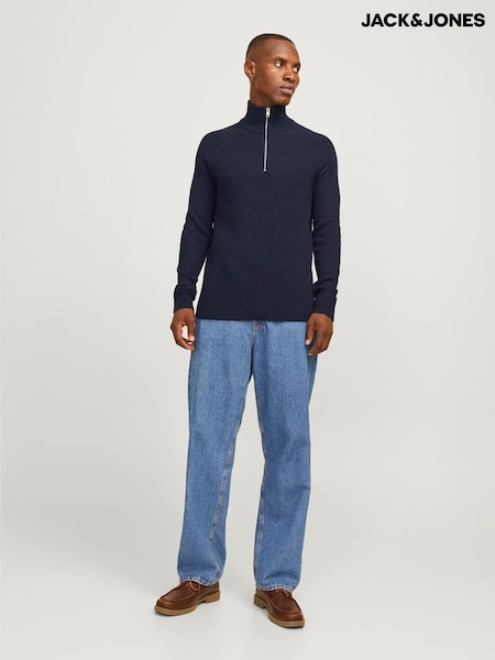 JACK & JONES Blue Quarter Zip Ribbed Knitted Jumper (AV3675) | €43