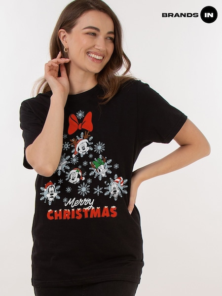 Brands In Black 100% Cotton Boyfriend Fit Disney Mickey & Friends Christmas Tree Womens T-Shirt (AV3698) | €37