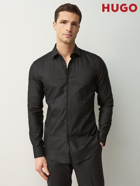 HUGO Black Checkerboard Print Slim Fit Cotton Jacquard Shirt (AV3770) | €65
