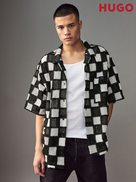 HUGO Black Check Print Crochet Oversized Fit Shirt (AV3901) | €105