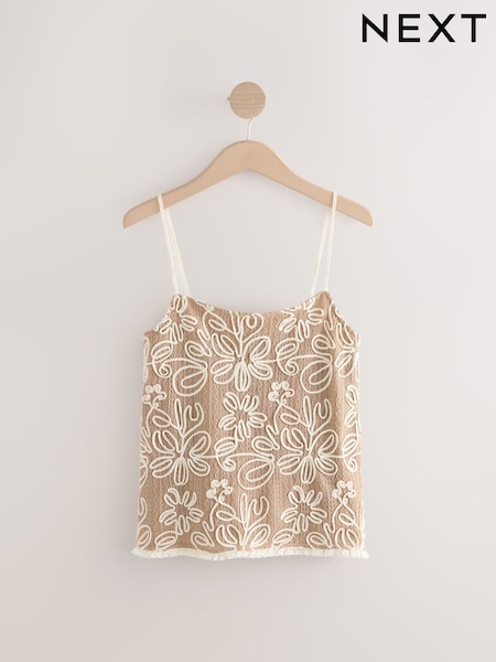 Neutral Floral Print Embroidered Strappy Cami Top (AV3988) | €45
