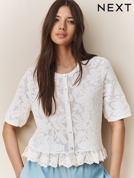 White Ecru Lace-Up Button Frill Half Sleeve Top (AV3989) | €50.50