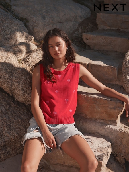 Red Pink Embroidered Palm Tree Knitted Crew Neck Vest with Linen (AV3997) | $43
