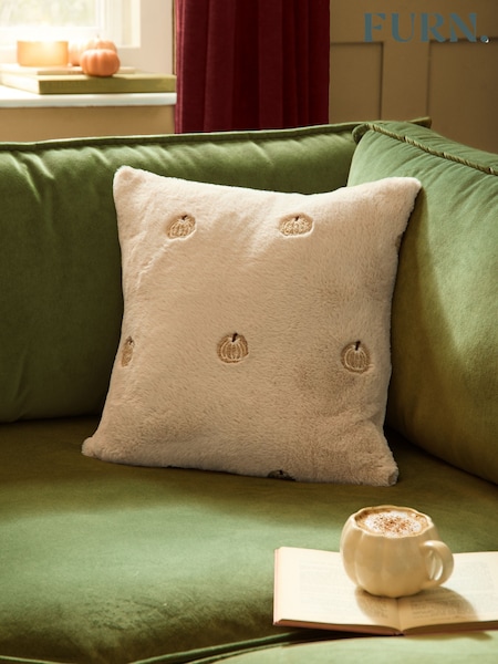 Furn Autumn Pumpkins Embroidered Faux Fur Fibre Cushion