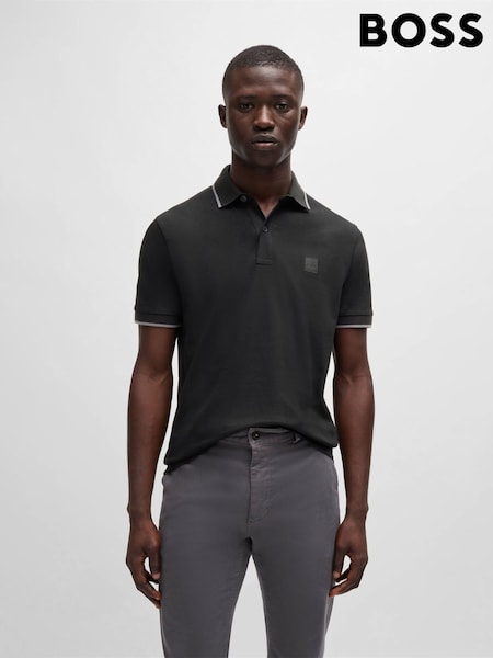 أسود - BOSS Passertip Logo Patch Slim Fit Pique Polo Shirt (AV4099) | ‏184 د.إ.‏