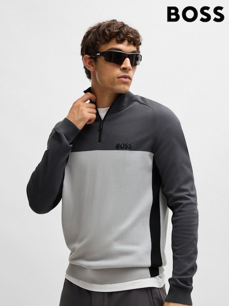 BOSS Grey Hydro-X Colour Block Zip Neck Jumper (AV4154) | AED579