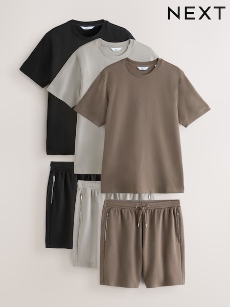 Black/Light Grey/Neutral Stone - 100% Cotton Co-ord T-Shirts And Shorts Set 3 Pack (AV4263) | 642 LEI