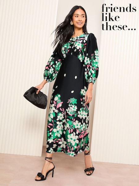 Friends Like These Black Satin 3/4 Puff Sleeve Midi Dress (AV4308) | $68