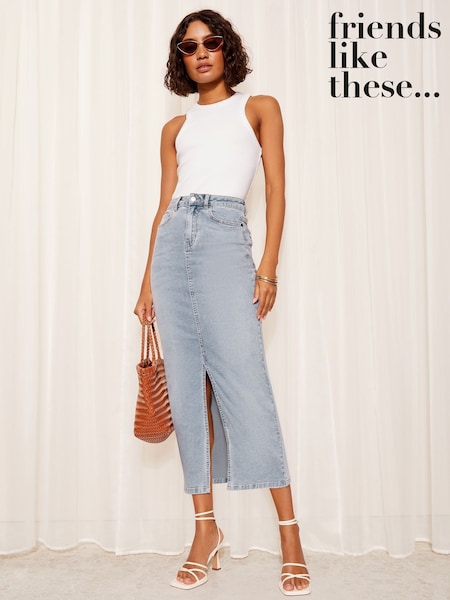 Friends Like These Bleach Blue Split Front Denim Midi Skirt (AV4487) | ₪196