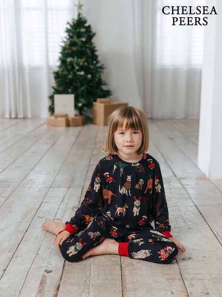 Chelsea Peers Blue Kids 12 Dogs of Christmas Print Long Pyjama Set (AV4506) | €18