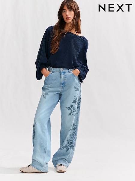 Mid Blue Floral Printed 100% Cotton Wide Leg Jeans (AV4601) | €31
