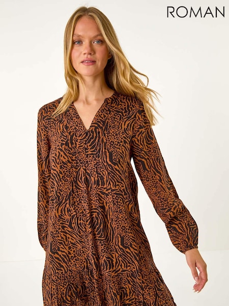 Roman Brown Animal Print Pintuck Smock Dress (AV4689) | 2,523 UAH