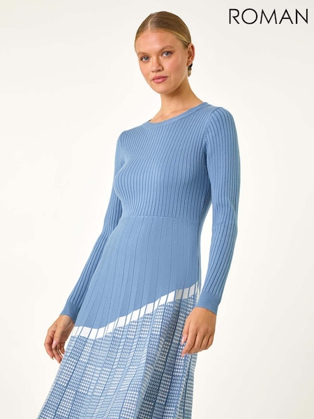 Albastru - Roman Pleated Border Ribbed Knit Dress (AV4691) | 357 LEI