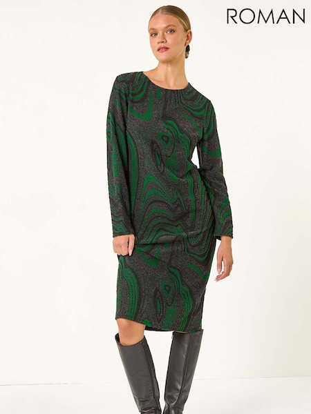 Roman Green Textured Swirl Pattern Stretch Midi Dress (AV4696) | €26