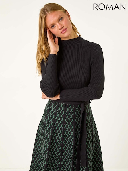 Roman Green Contrast Skirt Ribbed Jumper Dress (AV4698) | ₪314
