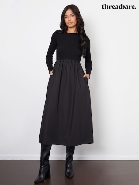 Musta - Threadbare Ribbed Jersey 2-in-1 Midi-Mekko ja Poplin Hameet (AV4742) | €57