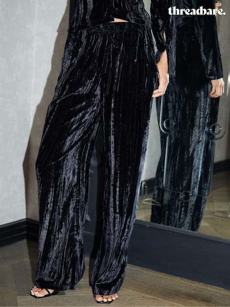 Threadbare Black Crinkle Velvet Wide Leg Trousers (AV4745) | 99 QAR