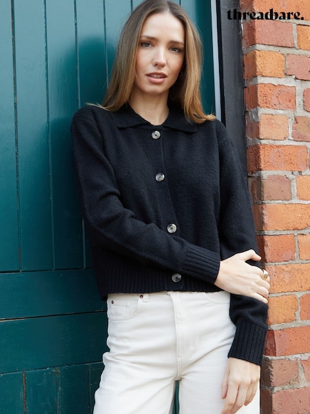 črna - Threadbare Cropped Knitted Cardigan With Collar (AV4753) | € 33
