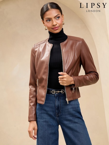 Lipsy Chestnut Brown Faux Leather Collarless Jacket (AV4817) | $188