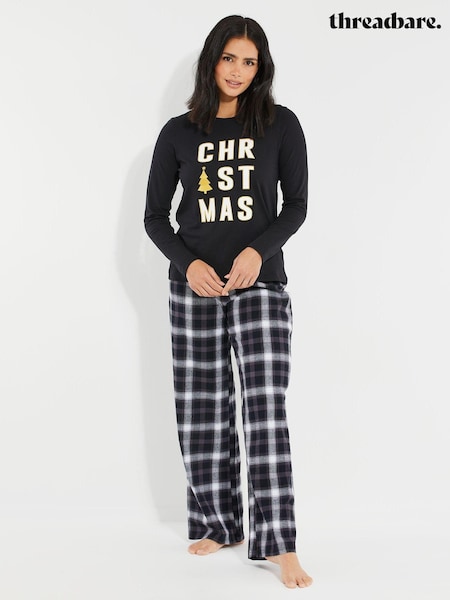 Threadbare Black/White Curve 100% Cotton Long Sleeve Christmas Check Pyjamas Set (AV4874) | €19