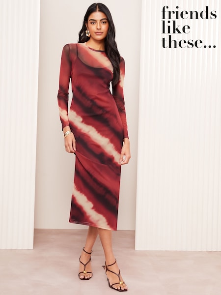 Friends Like These Red Petite Long Sleeve Mesh Midi Dress (AV4962) | 104 QAR