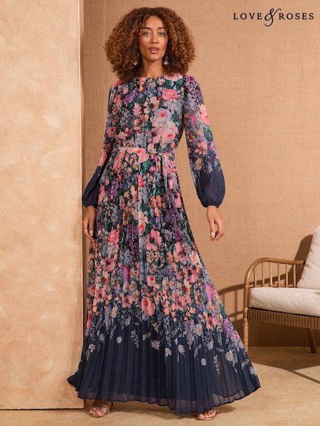 Love & Roses Navy Floral Printed Crew Neck Long Sleeve Maxi Dress (AV4979) | $147