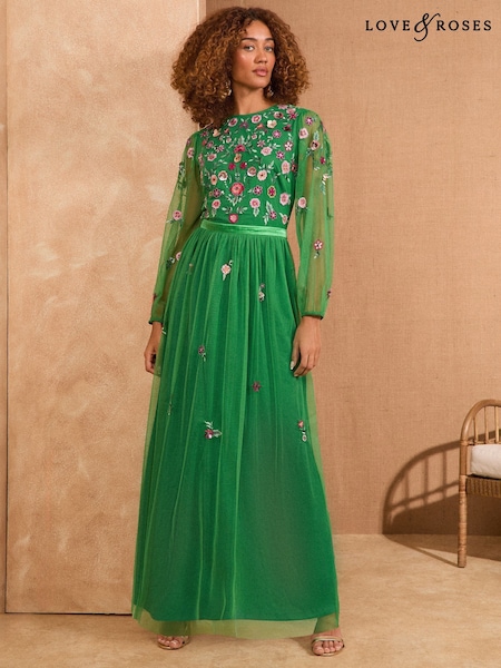 Love & Roses Bright Green Embroidered Angel Sleeve Maxi Dress (AV4987) | $266