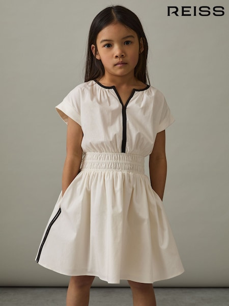 Elfenbein - Reiss Lena Baumwollkleid mit Flügelärmeln und Raffung (AV5062) | 74 €