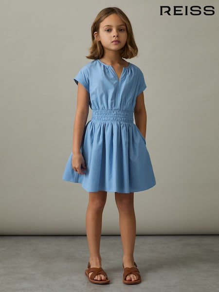 Blau - Reiss Lena Baumwollkleid mit Flügelärmeln und Raffung (AV5071) | 74 €