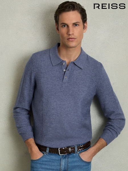 Reiss Soft Blue Kingsley Wool Textured Long Sleeve Polo Shirt (AV5092) | 882 QAR