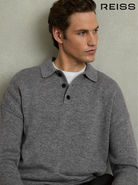Reiss Grey Melange Jacob Wool Blend Long Sleeve Polo Shirt (AV5102) | €195