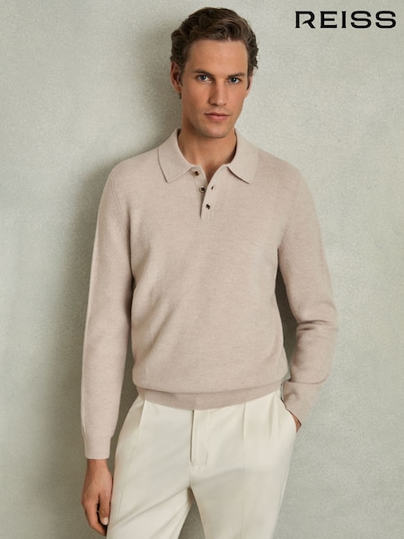 Reiss Oatmeal Kingsley Wool Textured Long Sleeve Polo Shirt (AV5107) | 882 QAR