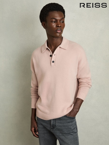 ורוד עדין - Reiss Jacob Wool Blend Long Sleeve Polo Shirt (AV5111) | ‏1,021‏₪