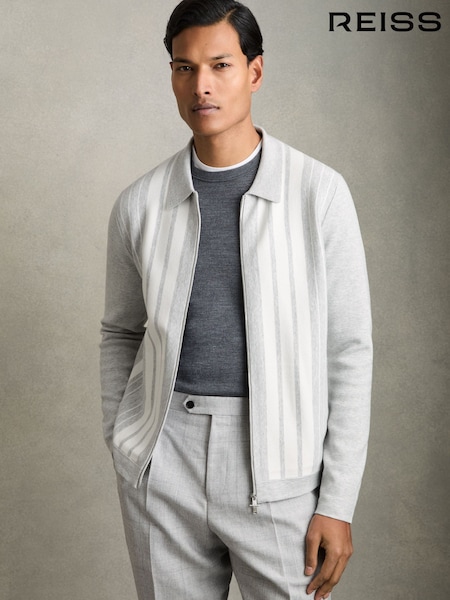 Reiss Grey Melange/White Ambient Striped Zip Through Knitted Jacket (AV5113) | €215