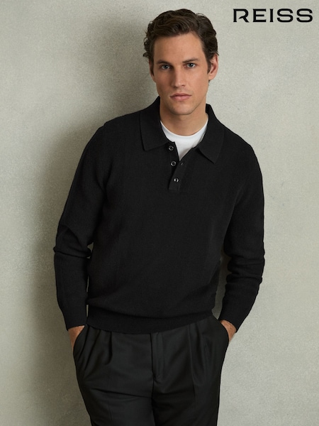 Reiss Black Kingsley Wool Textured Long Sleeve Polo Shirt (AV5116) | 882 QAR