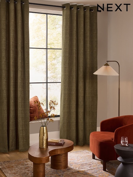 Green Olive Heavyweight Chenille Eyelet Lined Curtains (AV5302) | €76 - €196